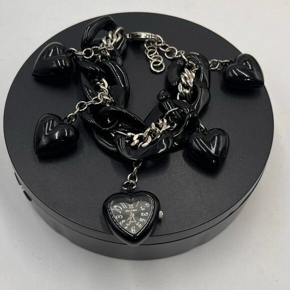 Betsey Johnson Jewelry - Betsey Johnson Vintage Black Puffy‎ 3D Heart Watch Chain Bracelet BJ7016